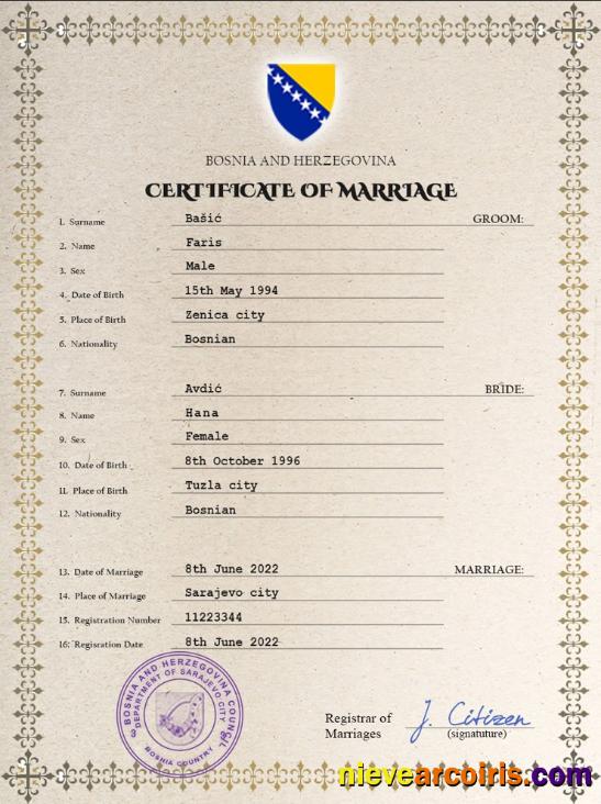 Bosnia and Herzegovina marriage certificate